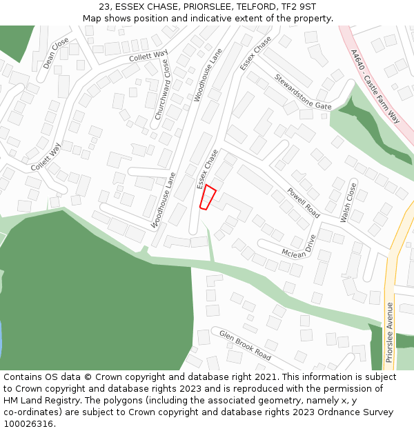 23, ESSEX CHASE, PRIORSLEE, TELFORD, TF2 9ST: Location map and indicative extent of plot