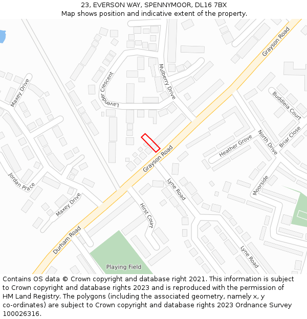 23, EVERSON WAY, SPENNYMOOR, DL16 7BX: Location map and indicative extent of plot