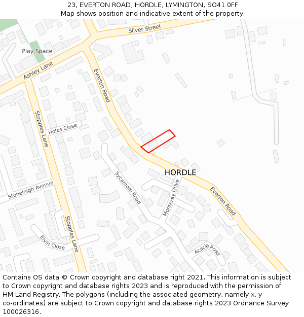 23, EVERTON ROAD, HORDLE, LYMINGTON, SO41 0FF: Location map and indicative extent of plot