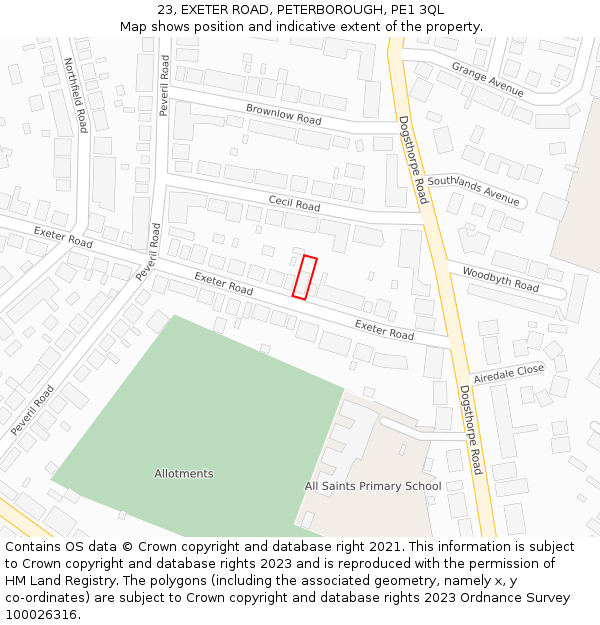 23, EXETER ROAD, PETERBOROUGH, PE1 3QL: Location map and indicative extent of plot