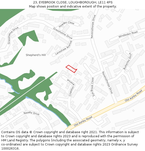 23, EYEBROOK CLOSE, LOUGHBOROUGH, LE11 4PS: Location map and indicative extent of plot