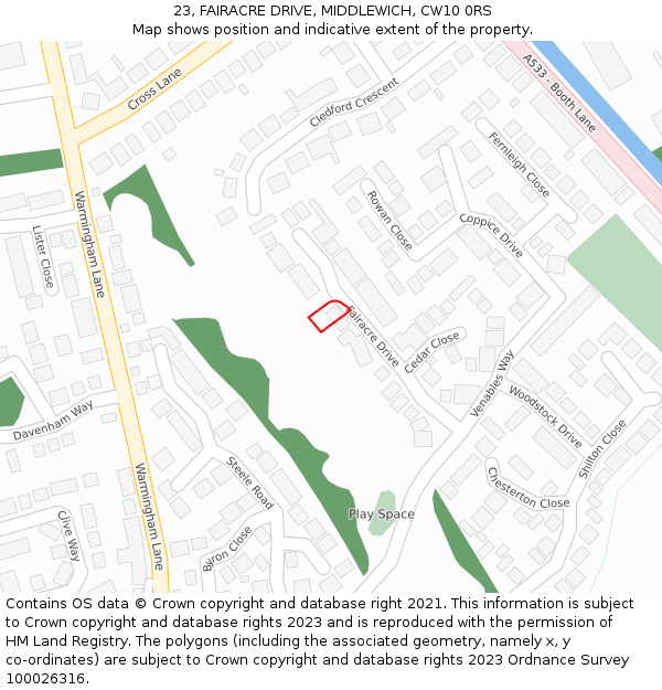 23, FAIRACRE DRIVE, MIDDLEWICH, CW10 0RS: Location map and indicative extent of plot