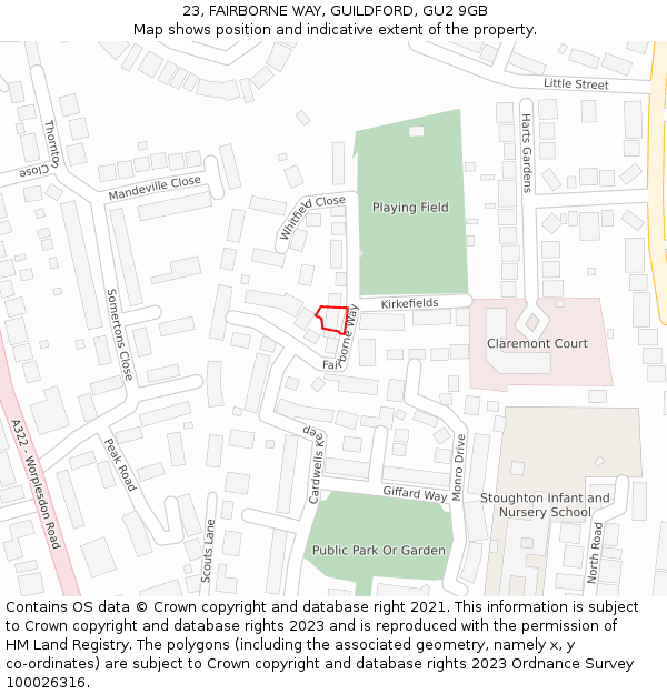 23, FAIRBORNE WAY, GUILDFORD, GU2 9GB: Location map and indicative extent of plot