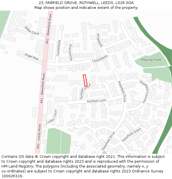 23, FAIRFIELD GROVE, ROTHWELL, LEEDS, LS26 0GA: Location map and indicative extent of plot