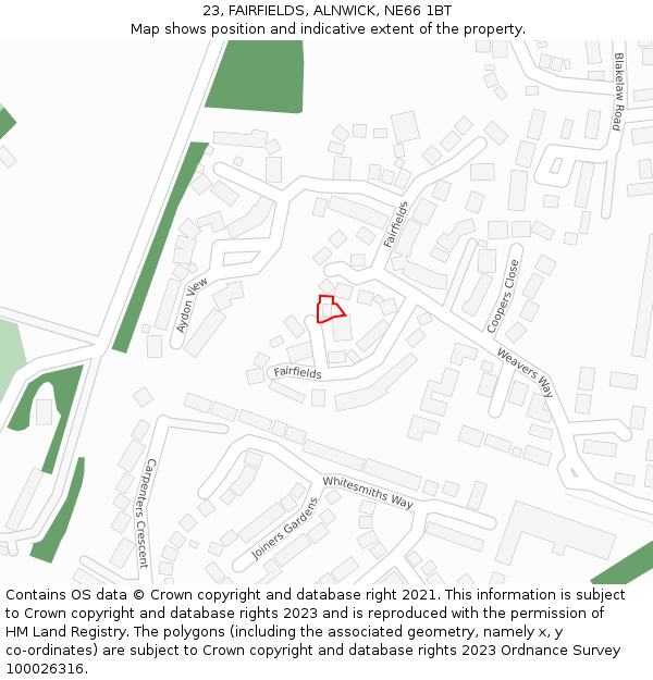 23, FAIRFIELDS, ALNWICK, NE66 1BT: Location map and indicative extent of plot