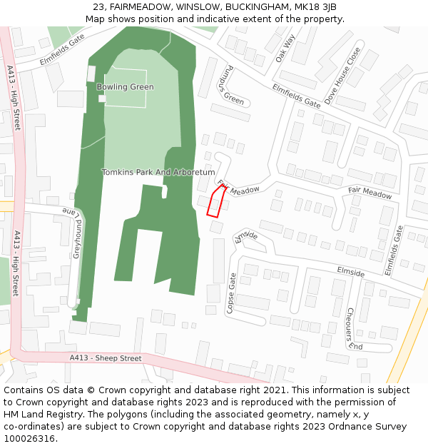 23, FAIRMEADOW, WINSLOW, BUCKINGHAM, MK18 3JB: Location map and indicative extent of plot