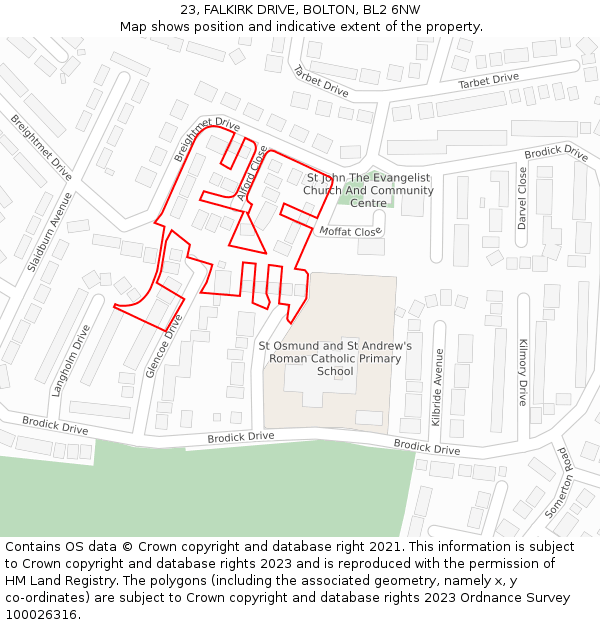 23, FALKIRK DRIVE, BOLTON, BL2 6NW: Location map and indicative extent of plot