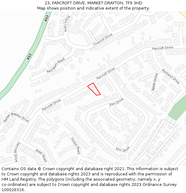 23, FARCROFT DRIVE, MARKET DRAYTON, TF9 3HD: Location map and indicative extent of plot