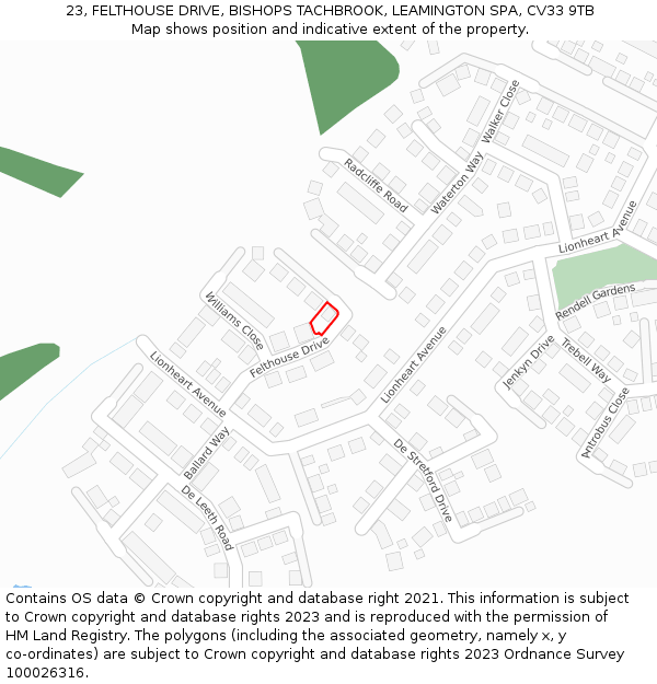 23, FELTHOUSE DRIVE, BISHOPS TACHBROOK, LEAMINGTON SPA, CV33 9TB: Location map and indicative extent of plot