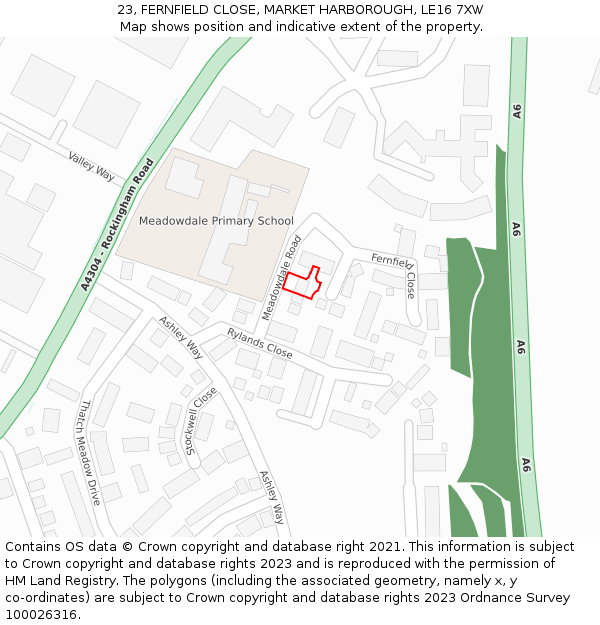 23, FERNFIELD CLOSE, MARKET HARBOROUGH, LE16 7XW: Location map and indicative extent of plot