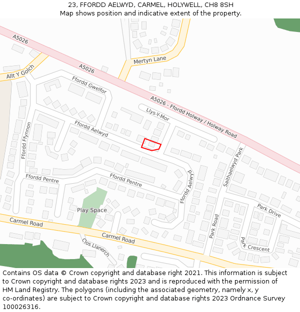 23, FFORDD AELWYD, CARMEL, HOLYWELL, CH8 8SH: Location map and indicative extent of plot