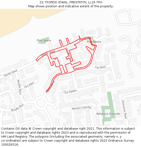 23, FFORDD IDWAL, PRESTATYN, LL19 7PH: Location map and indicative extent of plot