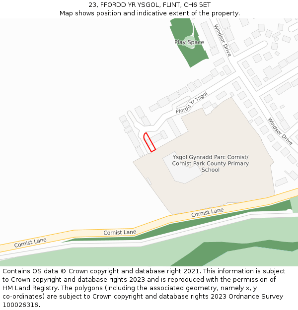 23, FFORDD YR YSGOL, FLINT, CH6 5ET: Location map and indicative extent of plot