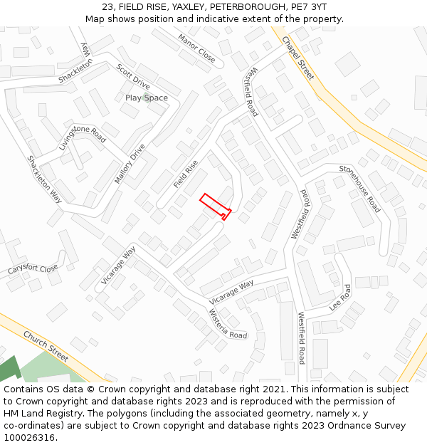 23, FIELD RISE, YAXLEY, PETERBOROUGH, PE7 3YT: Location map and indicative extent of plot