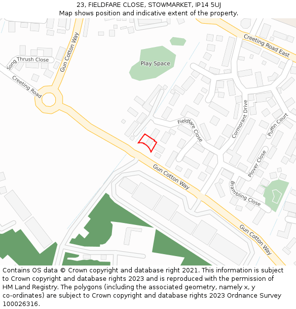 23, FIELDFARE CLOSE, STOWMARKET, IP14 5UJ: Location map and indicative extent of plot