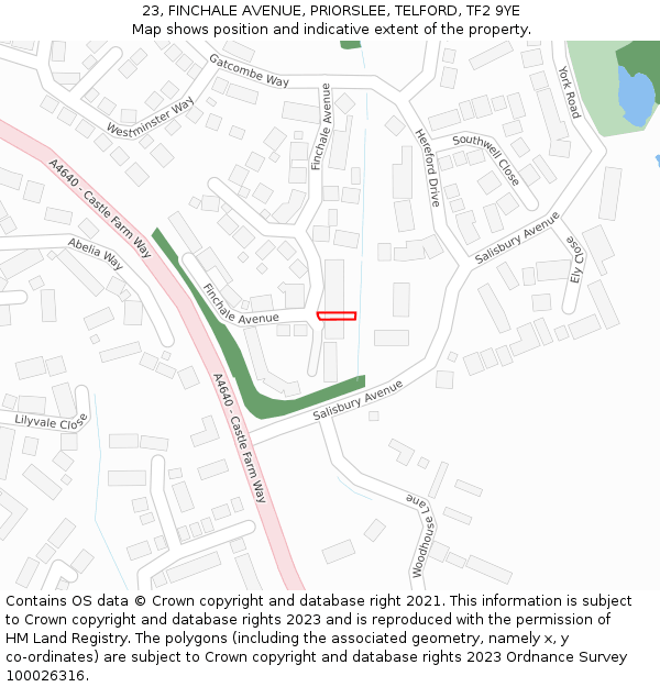 23, FINCHALE AVENUE, PRIORSLEE, TELFORD, TF2 9YE: Location map and indicative extent of plot