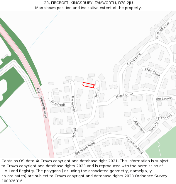 23, FIRCROFT, KINGSBURY, TAMWORTH, B78 2JU: Location map and indicative extent of plot
