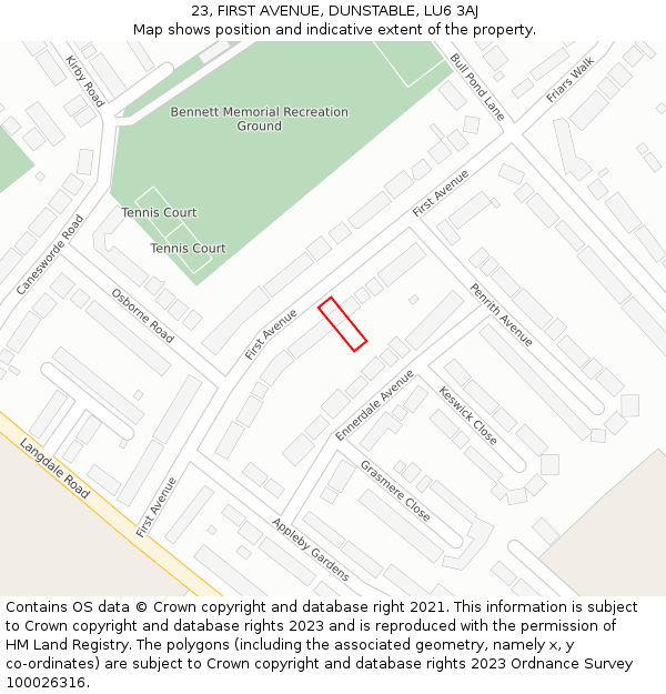 23, FIRST AVENUE, DUNSTABLE, LU6 3AJ: Location map and indicative extent of plot