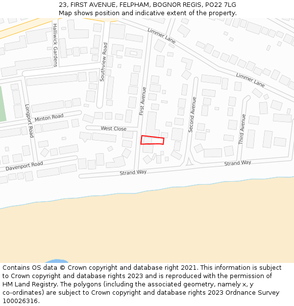 23, FIRST AVENUE, FELPHAM, BOGNOR REGIS, PO22 7LG: Location map and indicative extent of plot