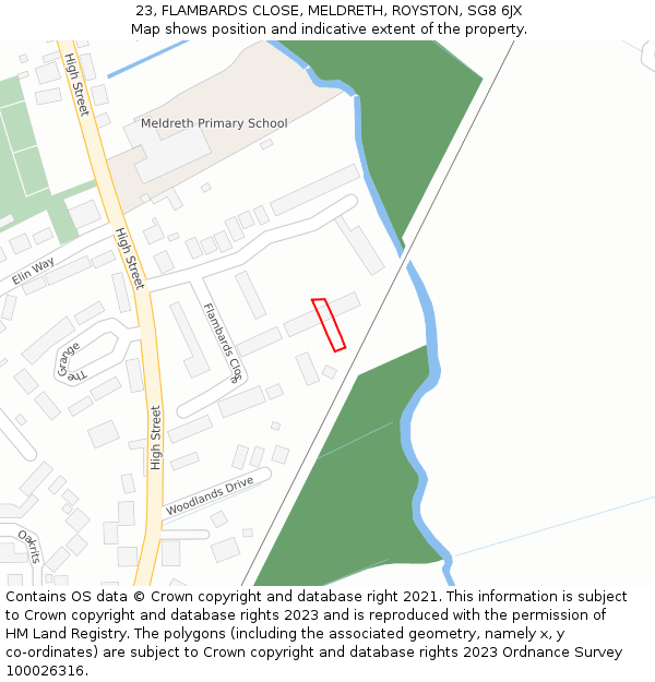 23, FLAMBARDS CLOSE, MELDRETH, ROYSTON, SG8 6JX: Location map and indicative extent of plot