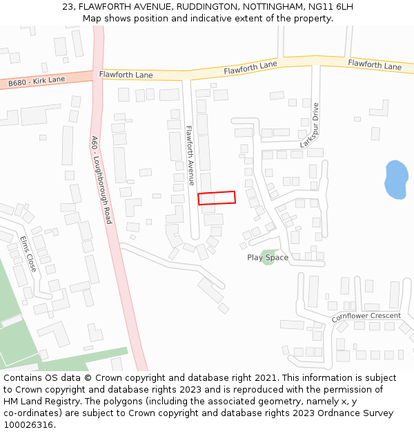 23, FLAWFORTH AVENUE, RUDDINGTON, NOTTINGHAM, NG11 6LH: Location map and indicative extent of plot