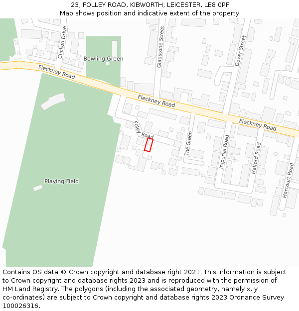 23, FOLLEY ROAD, KIBWORTH, LEICESTER, LE8 0PF: Location map and indicative extent of plot