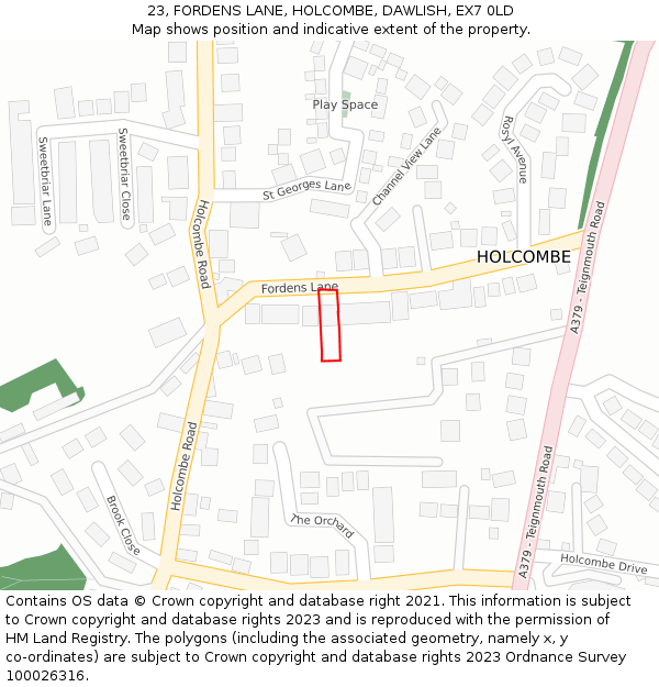 23, FORDENS LANE, HOLCOMBE, DAWLISH, EX7 0LD: Location map and indicative extent of plot