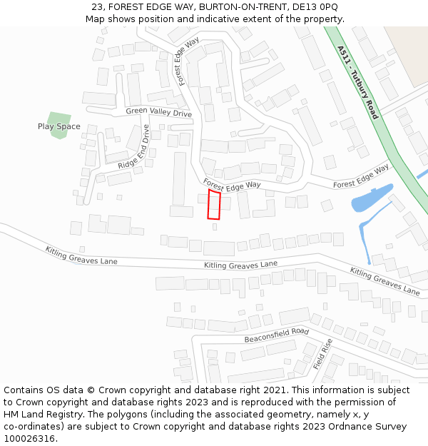 23, FOREST EDGE WAY, BURTON-ON-TRENT, DE13 0PQ: Location map and indicative extent of plot