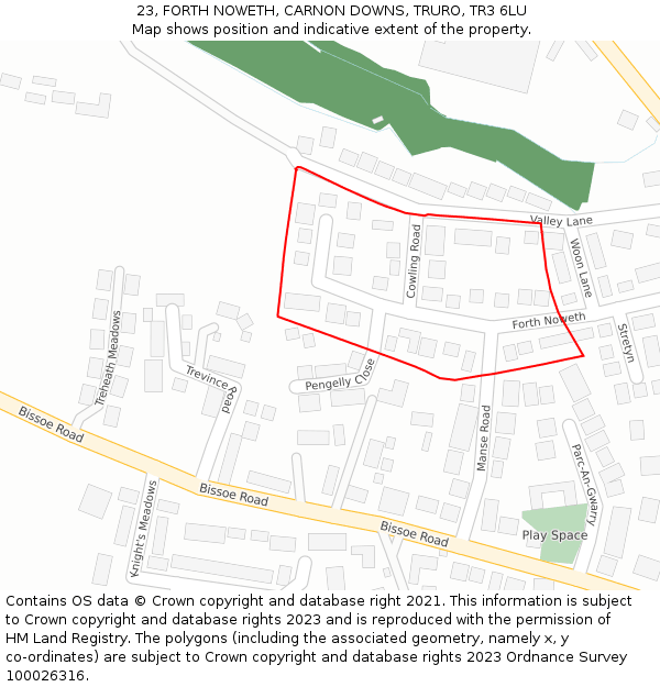 23, FORTH NOWETH, CARNON DOWNS, TRURO, TR3 6LU: Location map and indicative extent of plot