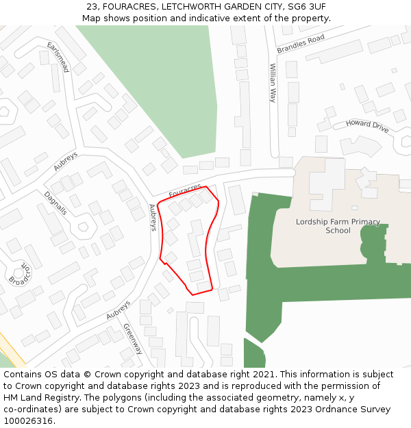 23, FOURACRES, LETCHWORTH GARDEN CITY, SG6 3UF: Location map and indicative extent of plot