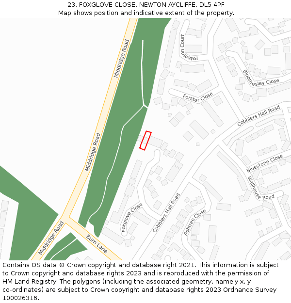 23, FOXGLOVE CLOSE, NEWTON AYCLIFFE, DL5 4PF: Location map and indicative extent of plot