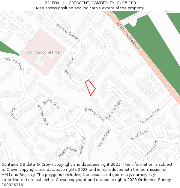 23, FOXHILL CRESCENT, CAMBERLEY, GU15 1PR: Location map and indicative extent of plot