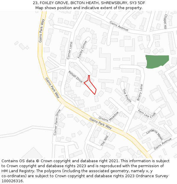 23, FOXLEY GROVE, BICTON HEATH, SHREWSBURY, SY3 5DF: Location map and indicative extent of plot