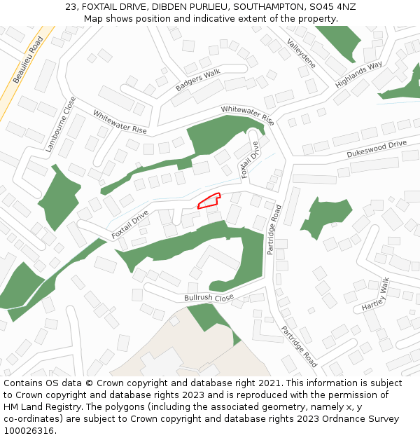 23, FOXTAIL DRIVE, DIBDEN PURLIEU, SOUTHAMPTON, SO45 4NZ: Location map and indicative extent of plot