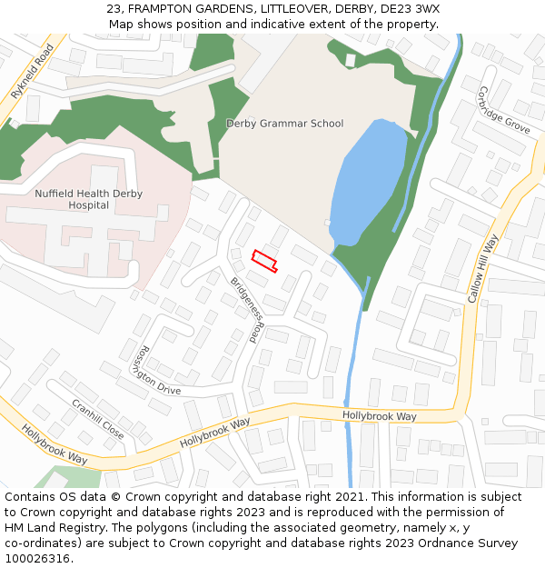 23, FRAMPTON GARDENS, LITTLEOVER, DERBY, DE23 3WX: Location map and indicative extent of plot