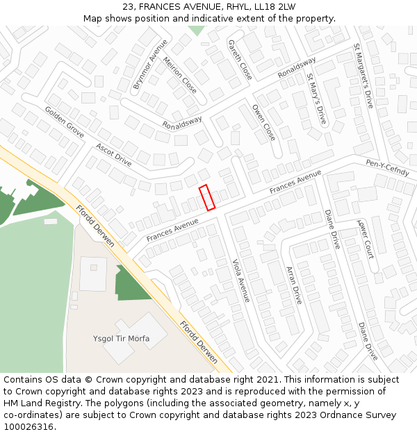 23, FRANCES AVENUE, RHYL, LL18 2LW: Location map and indicative extent of plot