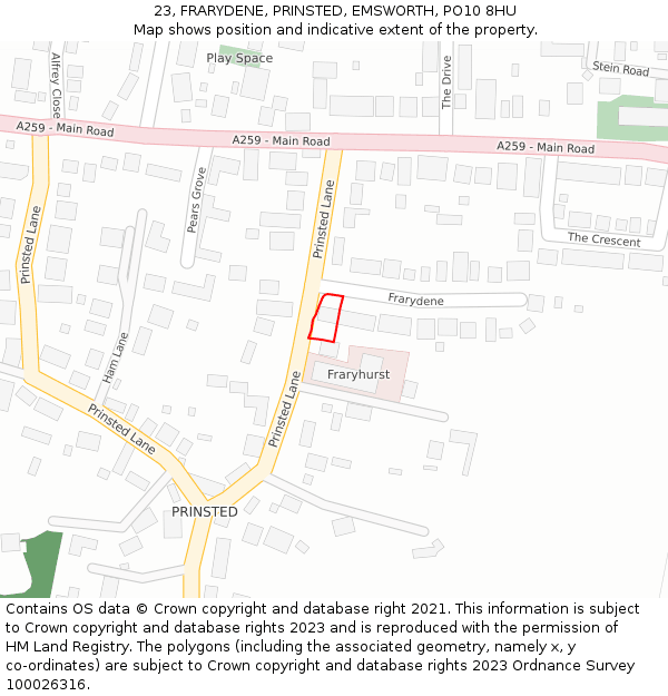 23, FRARYDENE, PRINSTED, EMSWORTH, PO10 8HU: Location map and indicative extent of plot