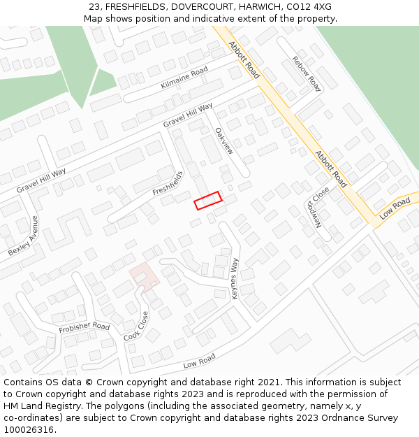 23, FRESHFIELDS, DOVERCOURT, HARWICH, CO12 4XG: Location map and indicative extent of plot