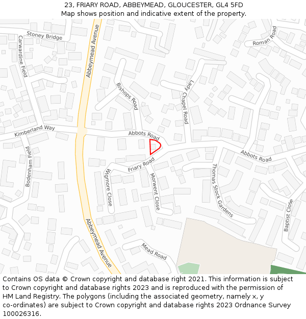 23, FRIARY ROAD, ABBEYMEAD, GLOUCESTER, GL4 5FD: Location map and indicative extent of plot