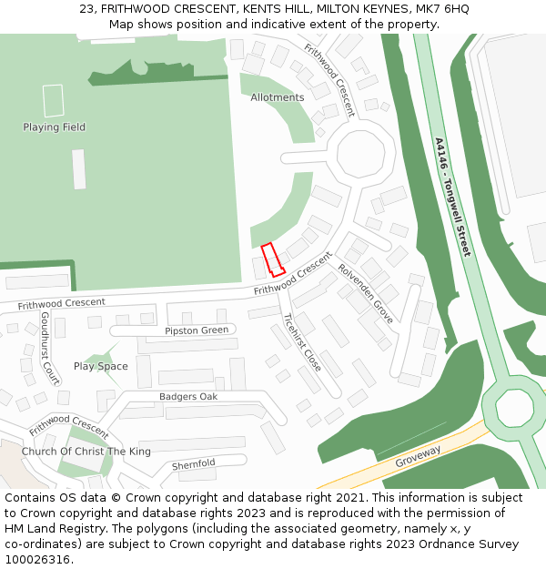 23, FRITHWOOD CRESCENT, KENTS HILL, MILTON KEYNES, MK7 6HQ: Location map and indicative extent of plot