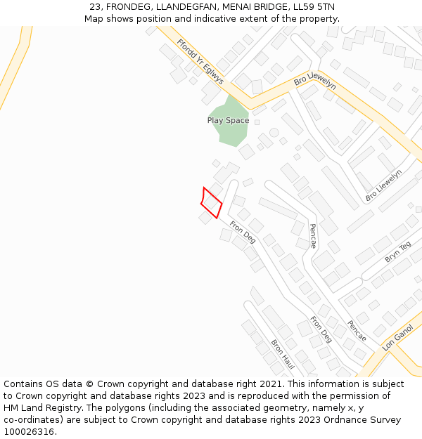 23, FRONDEG, LLANDEGFAN, MENAI BRIDGE, LL59 5TN: Location map and indicative extent of plot