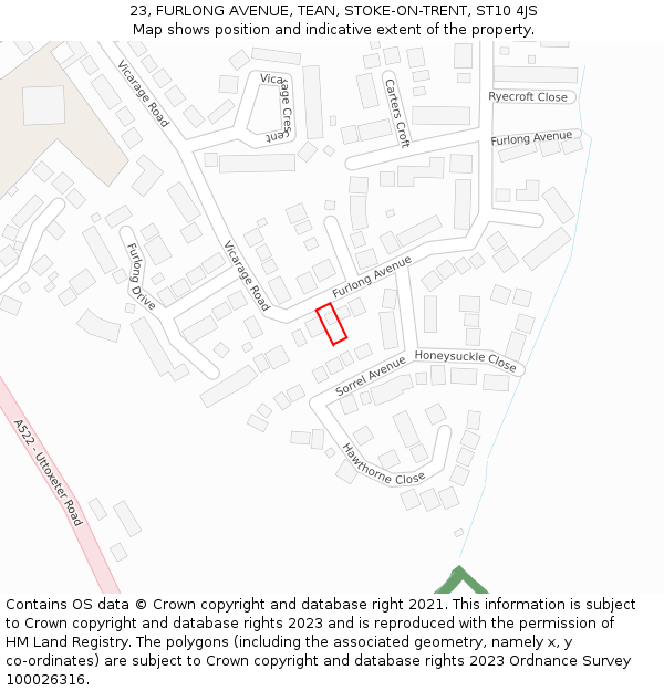 23, FURLONG AVENUE, TEAN, STOKE-ON-TRENT, ST10 4JS: Location map and indicative extent of plot