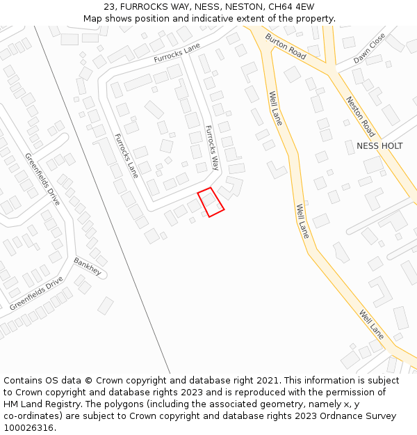 23, FURROCKS WAY, NESS, NESTON, CH64 4EW: Location map and indicative extent of plot