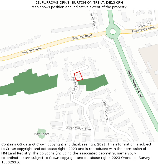 23, FURROWS DRIVE, BURTON-ON-TRENT, DE13 0RH: Location map and indicative extent of plot