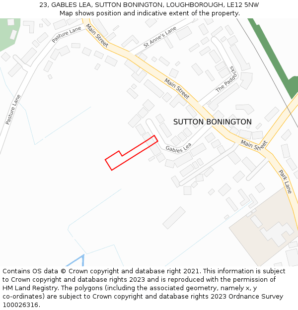 23, GABLES LEA, SUTTON BONINGTON, LOUGHBOROUGH, LE12 5NW: Location map and indicative extent of plot