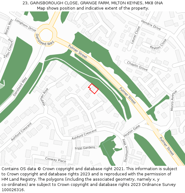 23, GAINSBOROUGH CLOSE, GRANGE FARM, MILTON KEYNES, MK8 0NA: Location map and indicative extent of plot