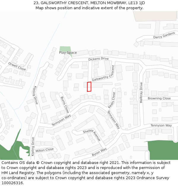 23, GALSWORTHY CRESCENT, MELTON MOWBRAY, LE13 1JD: Location map and indicative extent of plot
