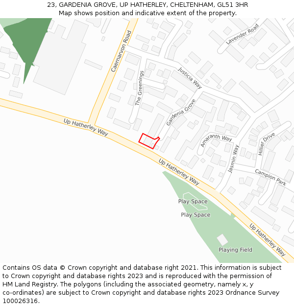23, GARDENIA GROVE, UP HATHERLEY, CHELTENHAM, GL51 3HR: Location map and indicative extent of plot