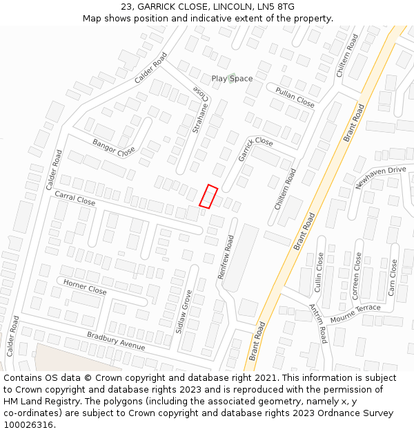 23, GARRICK CLOSE, LINCOLN, LN5 8TG: Location map and indicative extent of plot