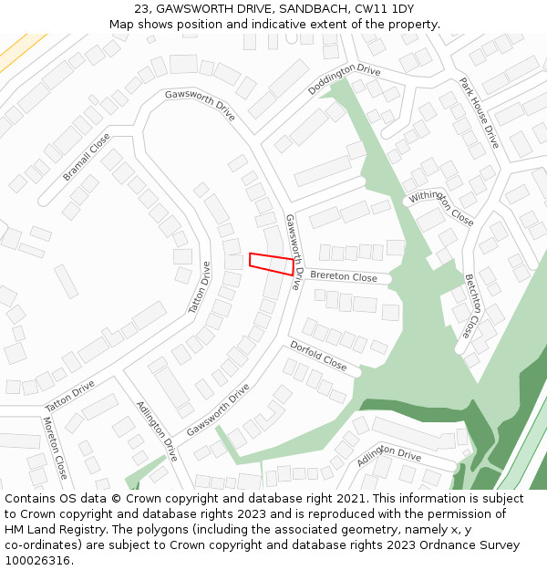 23, GAWSWORTH DRIVE, SANDBACH, CW11 1DY: Location map and indicative extent of plot